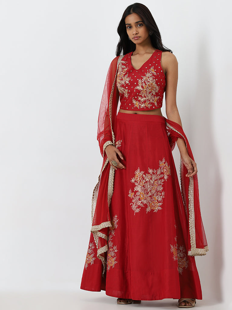Vark Red Floral Embroidered Choli. Ghagra and Dupatta Set