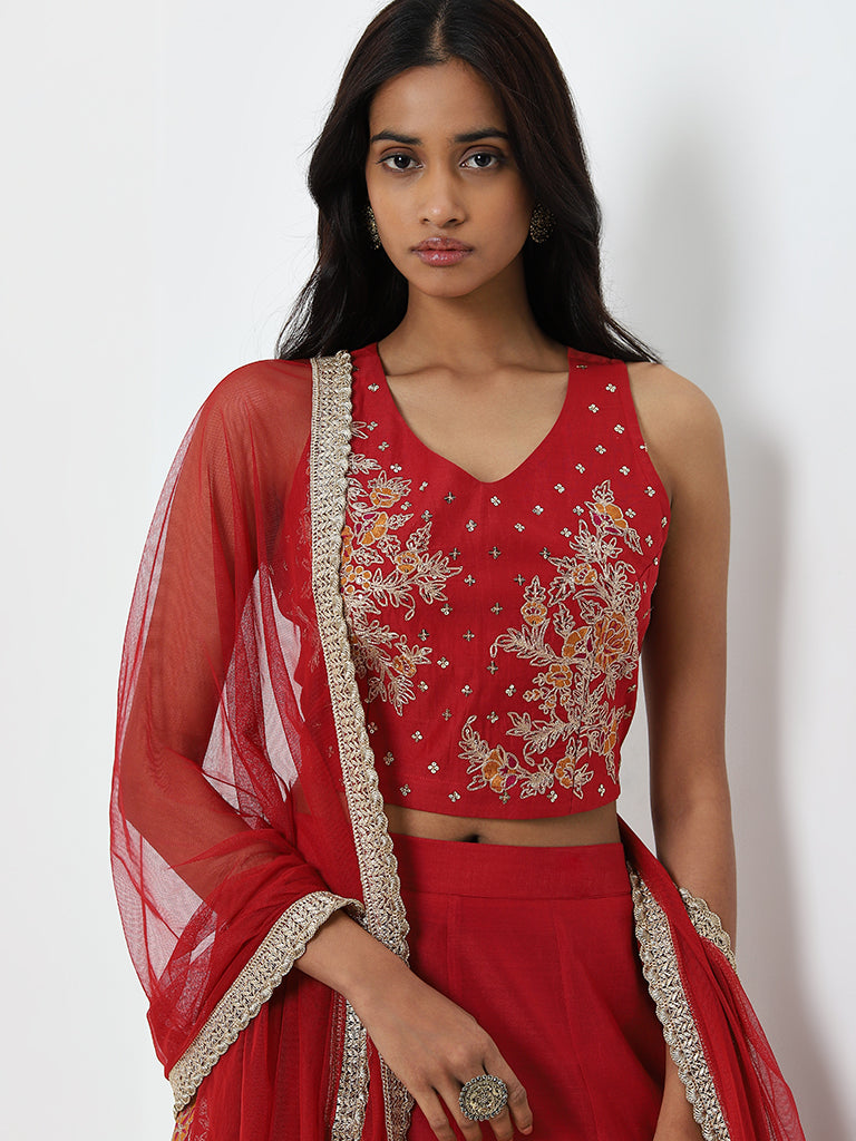 Vark Red Floral Embroidered Choli. Ghagra and Dupatta Set - Image 2