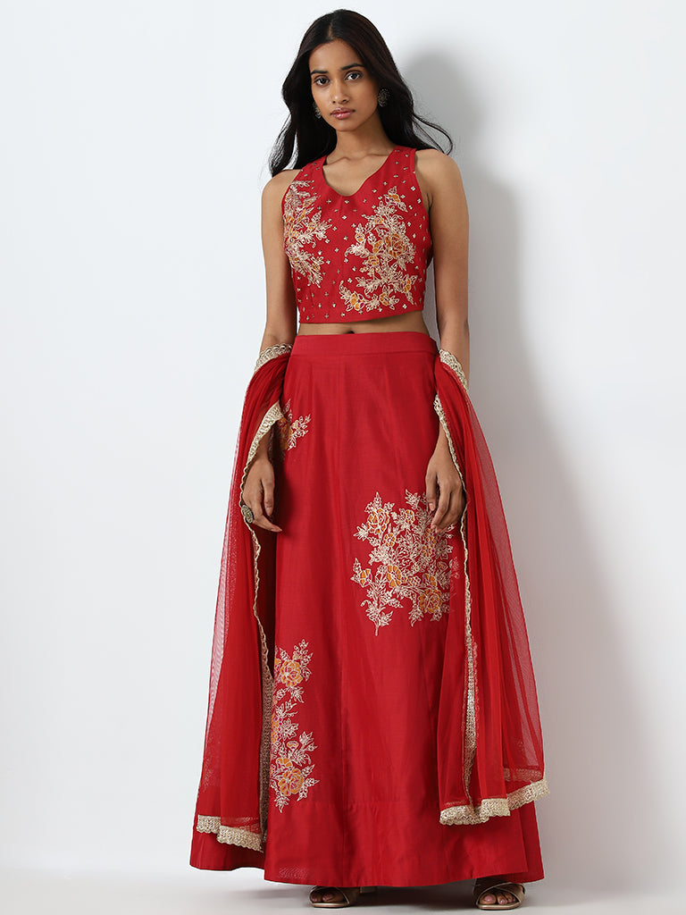 Vark Red Floral Embroidered Choli. Ghagra and Dupatta Set - Image 3