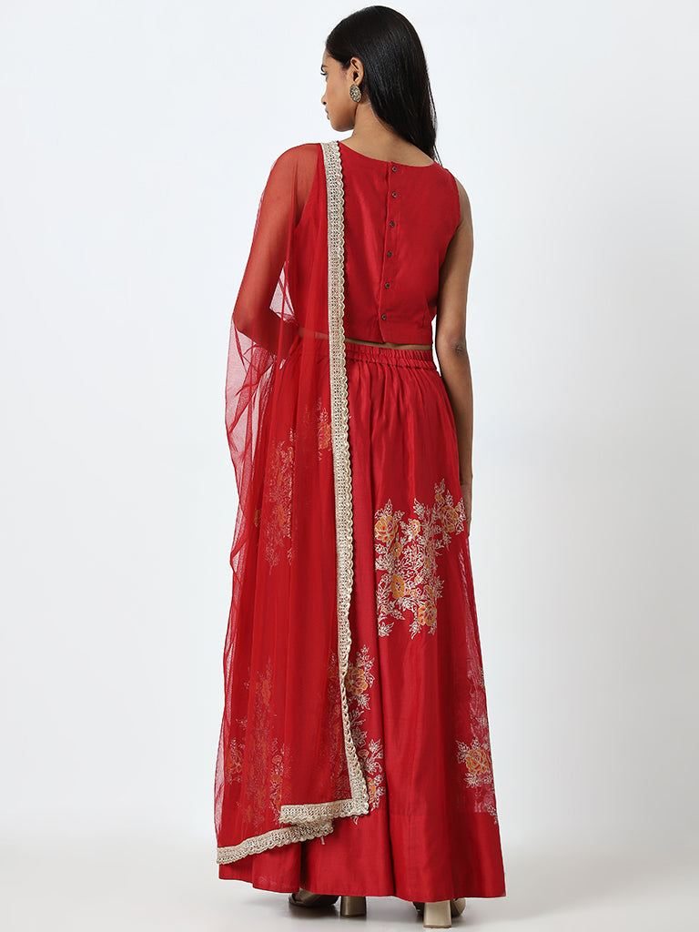 Vark Red Floral Embroidered Choli. Ghagra and Dupatta Set - Image 4