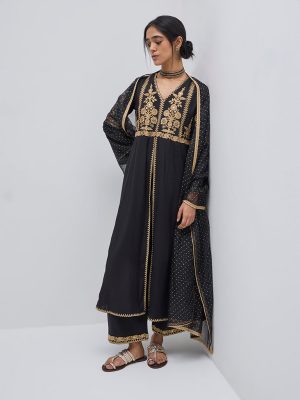 Vark Black Floral Anarkali Kurta. Pants and Dupatta Set