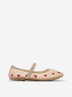 Yellow Beige Heart Embroidered Ballerina