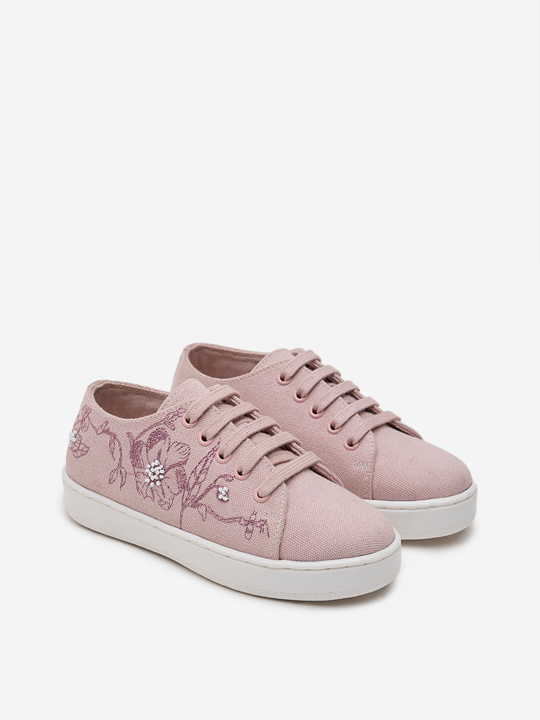 Yellow Pink Floral Embroidered Lace-Up Sneakers - Image 2