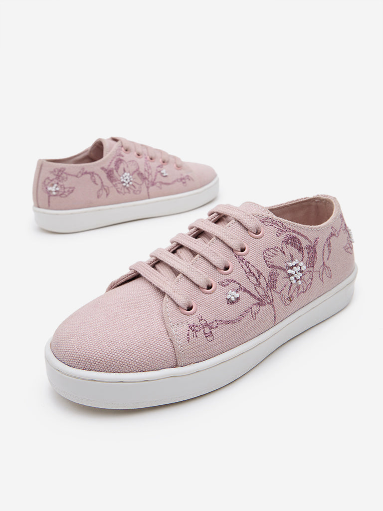 Yellow Pink Floral Embroidered Lace-Up Sneakers - Image 3