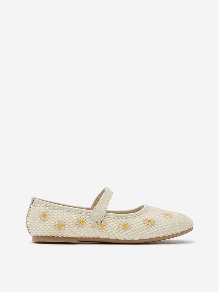 Yellow Off-White Floral Embroidered Ballerina