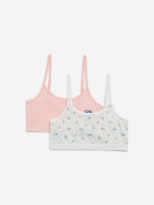 Y&F Kids Off-White Floral Printed Cotton Crop Tops - Pack of 2