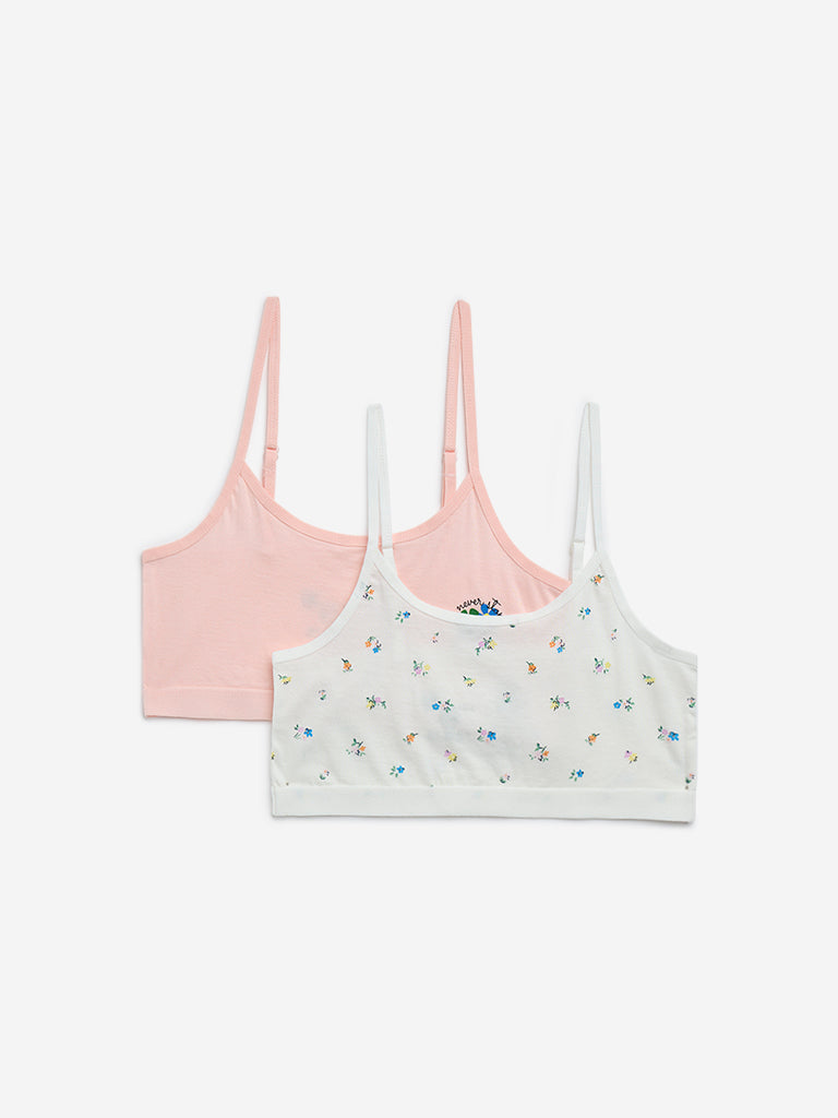 Y&F Kids Off-White Floral Printed Cotton Crop Tops - Pack of 2