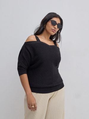 Gia Black Textured Cold-Shoulder Cotton-Blend Sweater