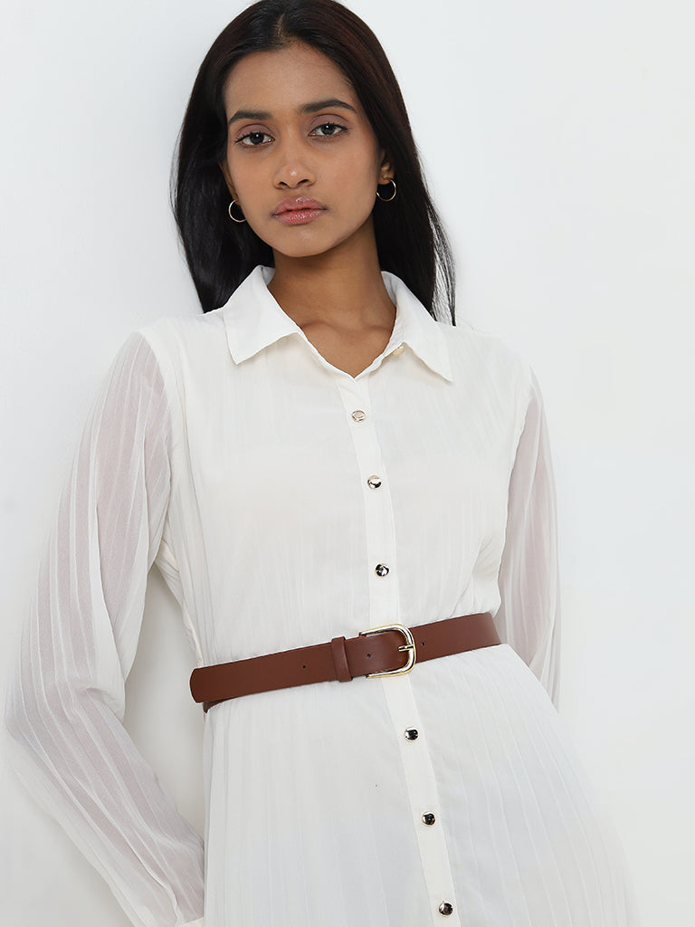 Wardrobe Off-White Pleated Shirt Dress with Belt - Image 2