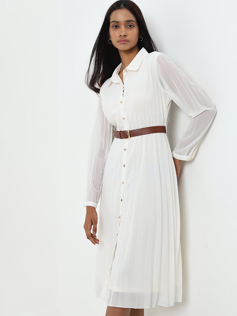 Wardrobe Off-White Pleated Shirt Dress with Belt - Image 3