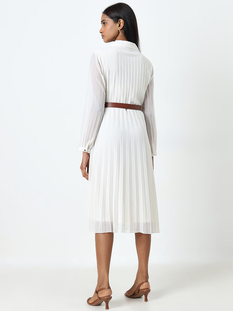 Wardrobe Off-White Pleated Shirt Dress with Belt - Image 4