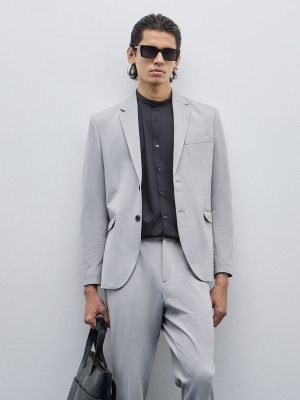 WES Formals Grey Solid Single-Breasted Slim-Fit Blazer