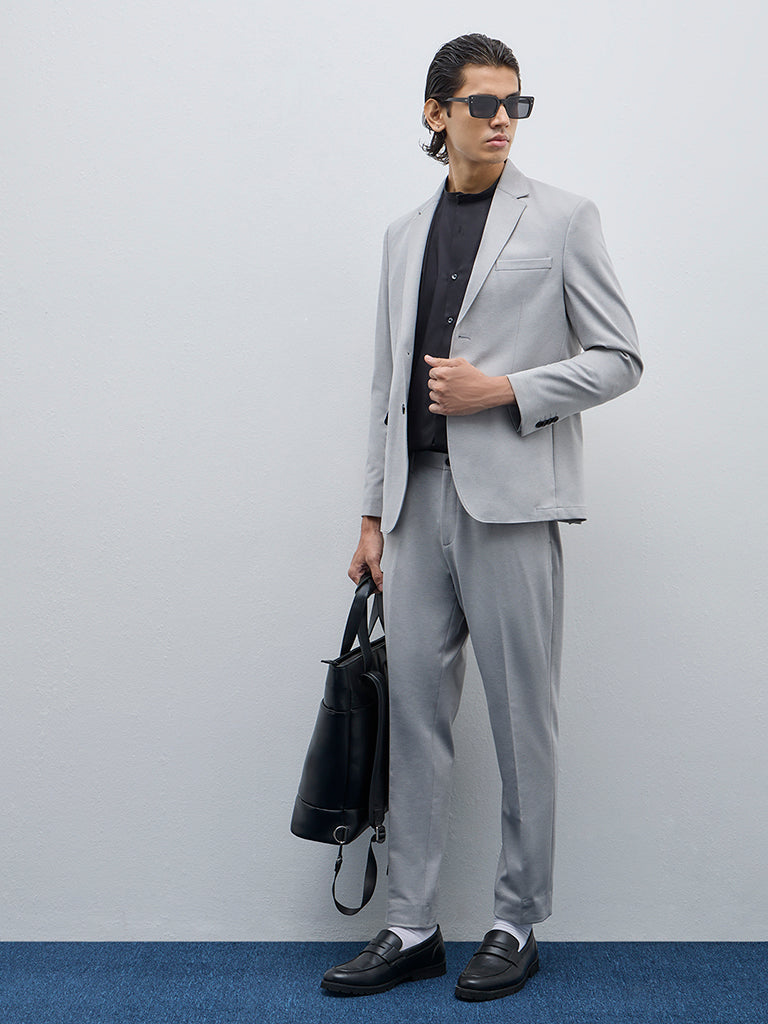 WES Formals Grey Solid Single-Breasted Slim-Fit Blazer - Image 3