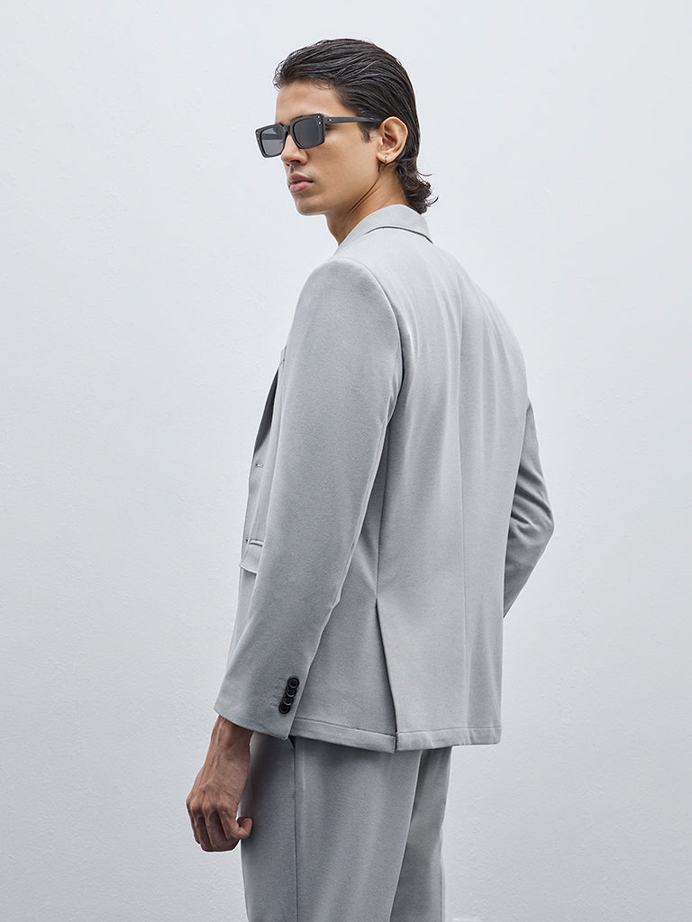 WES Formals Grey Solid Single-Breasted Slim-Fit Blazer - Image 4