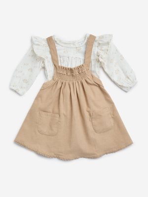HOP Baby Beige Cotton Pinafore and Top Set