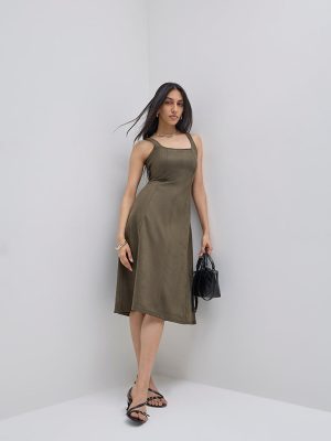 LOV Olive Cotton Midi Dress