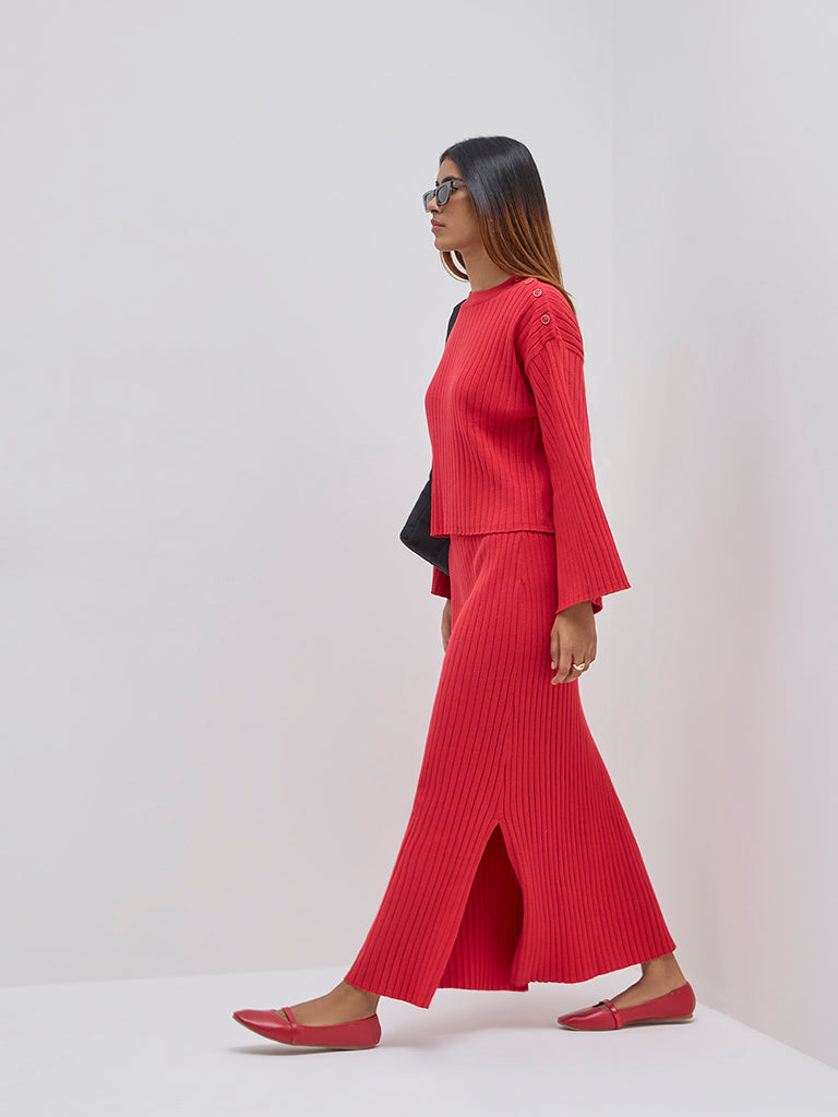 LOV Red Ribbed-Textured Sweater - Image 3