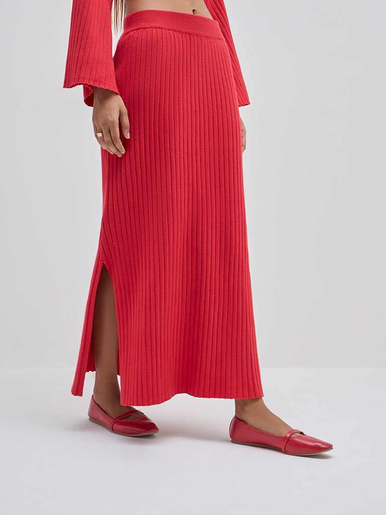 LOV Red Ribbed Textured High-Rise Skirt - Image 3