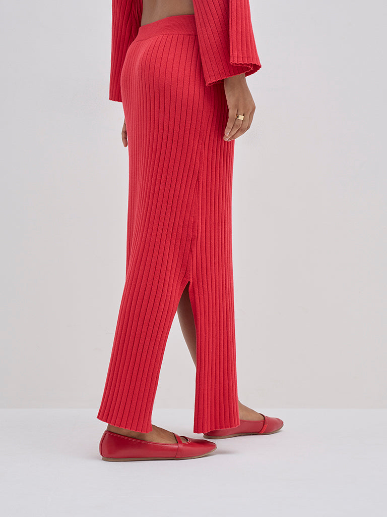 LOV Red Ribbed Textured High-Rise Skirt - Image 4