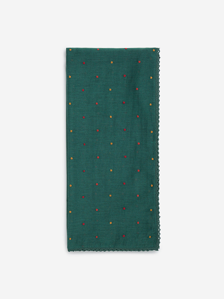 Zuba Green Embroidered Cotton-Blend Dupatta - Image 4