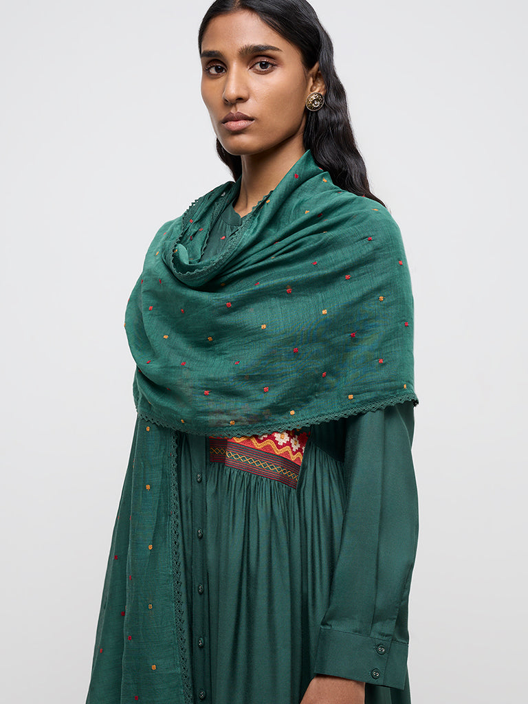 Zuba Green Embroidered Cotton-Blend Dupatta - Image 3