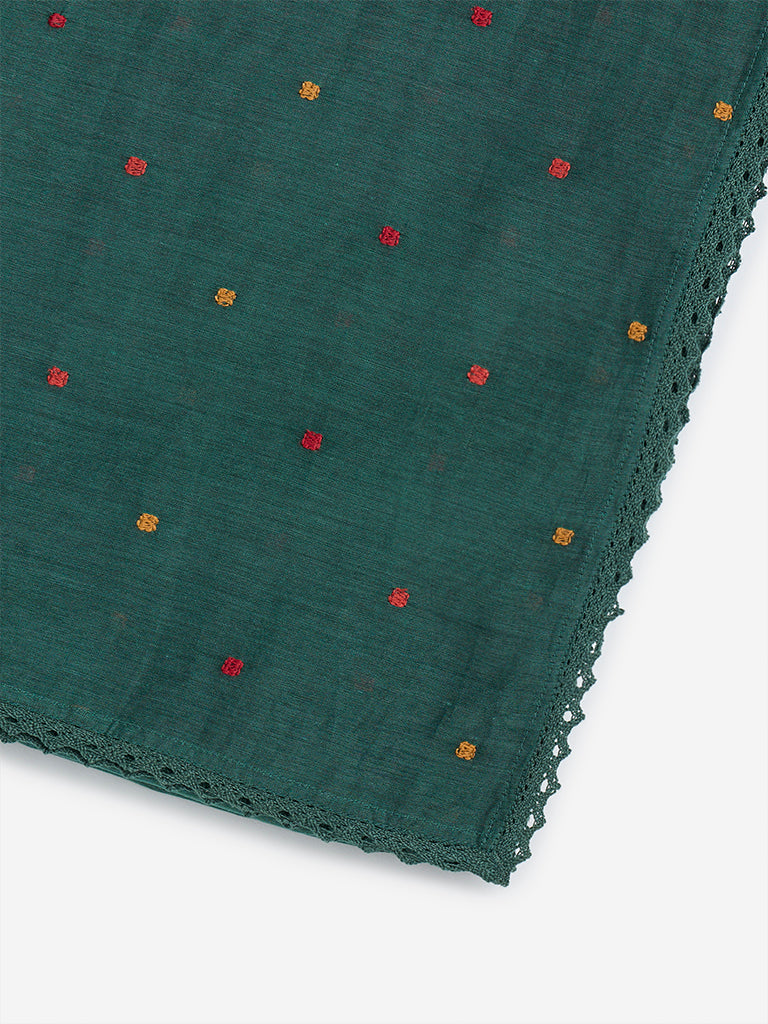 Zuba Green Embroidered Cotton-Blend Dupatta - Image 6