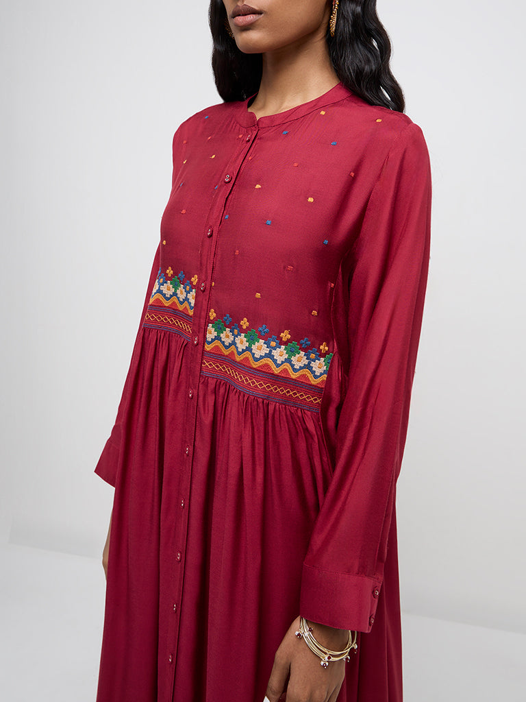 Zuba Red Floral Embroidered Fit-and-Flare Cotton Kurta - Image 3
