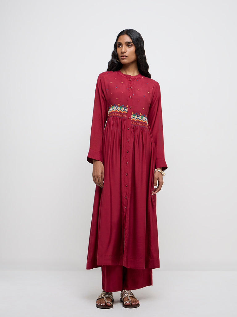 Zuba Red Floral Embroidered Fit-and-Flare Cotton Kurta - Image 4