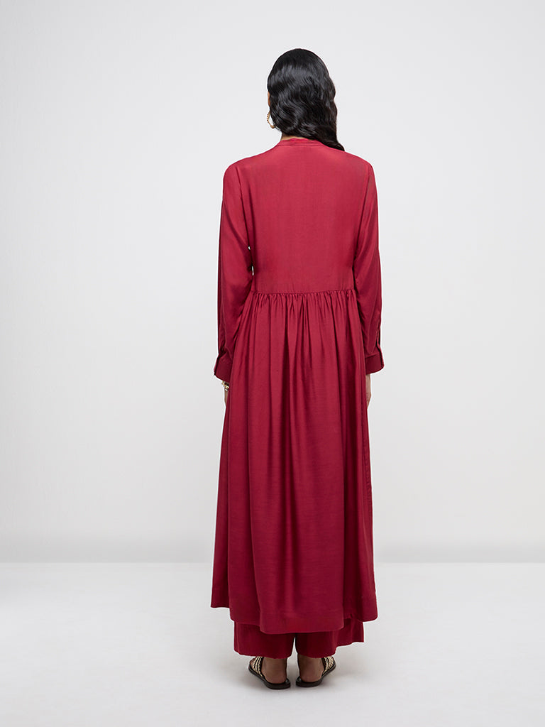 Zuba Red Floral Embroidered Fit-and-Flare Cotton Kurta - Image 5