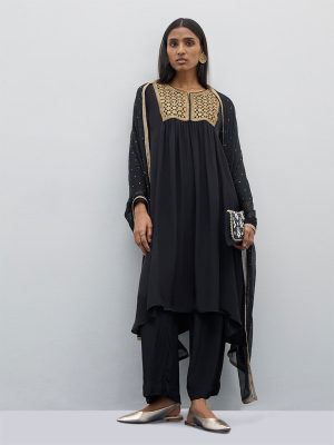 Vark Black Fit and Flare Kurta. Pants and Dupatta Set