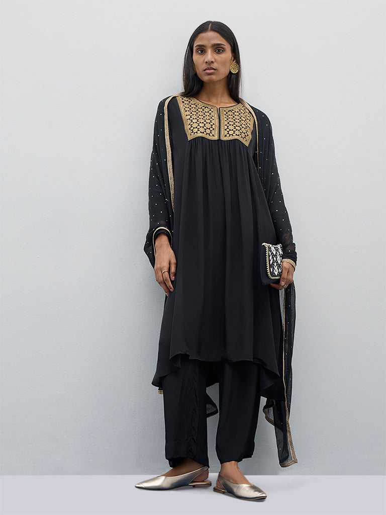 Vark Black Fit and Flare Kurta. Pants and Dupatta Set