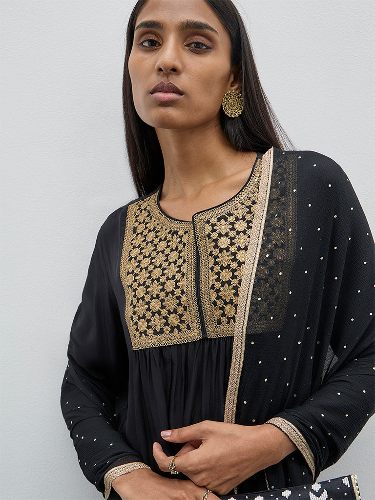 Vark Black Fit and Flare Kurta. Pants and Dupatta Set - Image 3