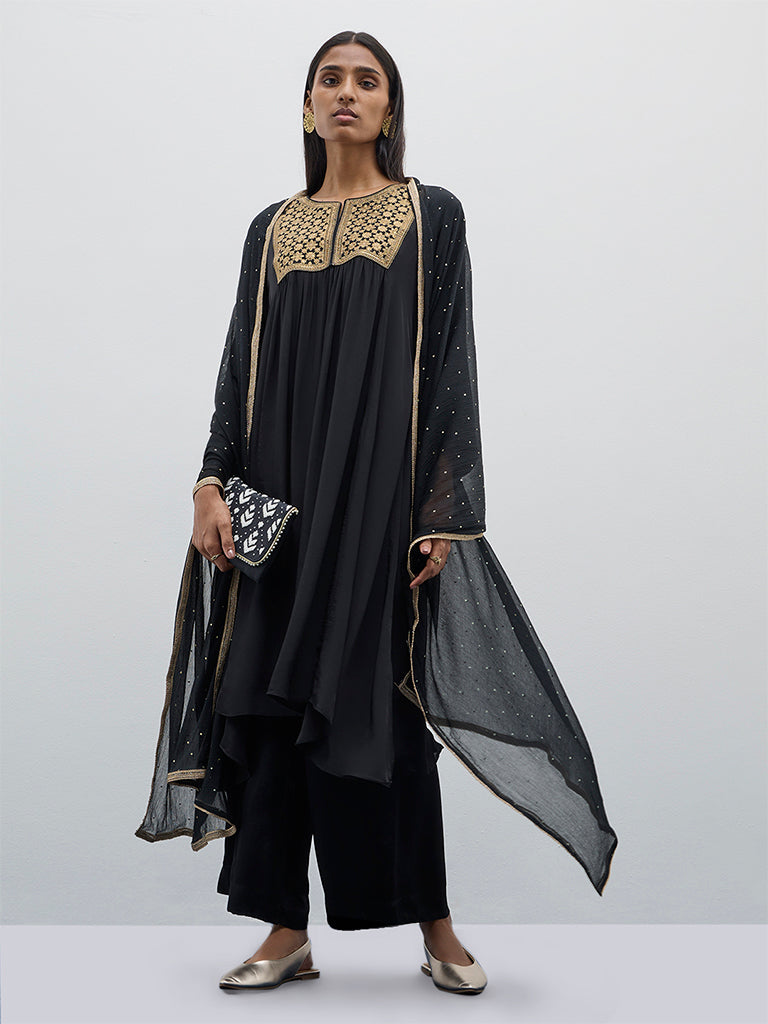 Vark Black Fit and Flare Kurta. Pants and Dupatta Set - Image 4
