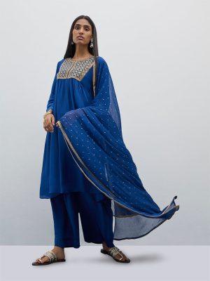 Vark Blue Fit and Flare Kurta. Pants and Dupatta Set