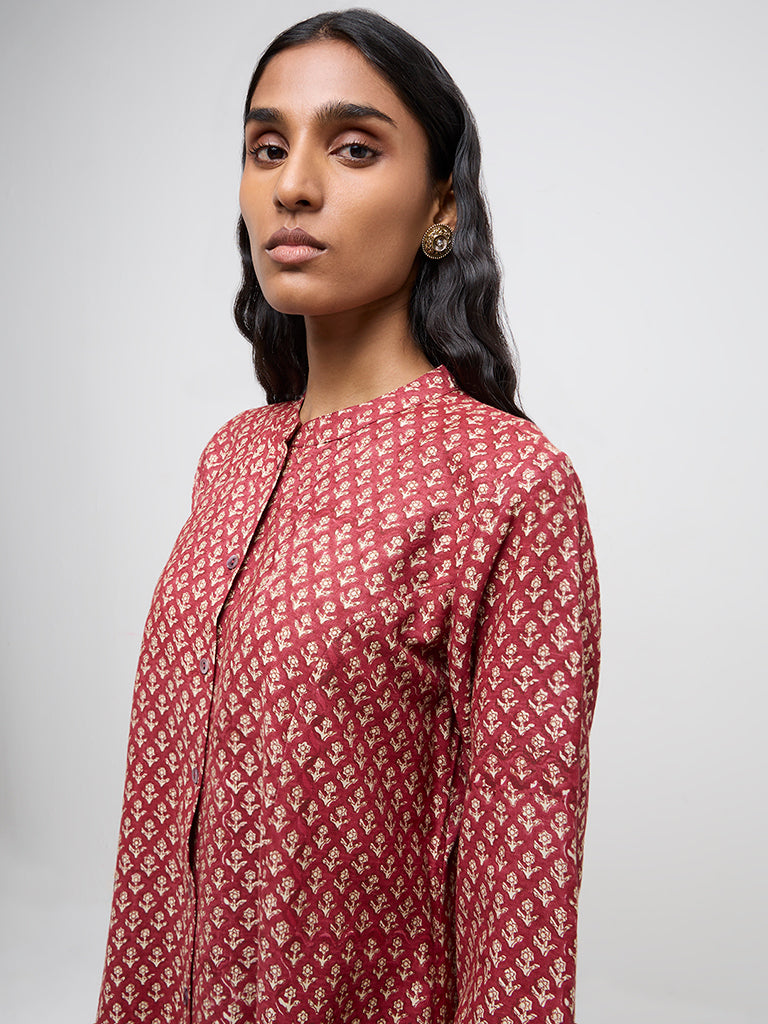 Zuba Red Floral Printed Cotton-Blend A-Line Kurta - Image 3