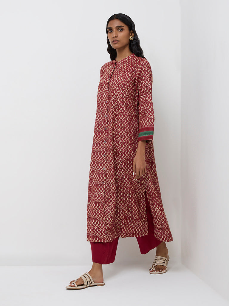 Zuba Red Floral Printed Cotton-Blend A-Line Kurta - Image 4