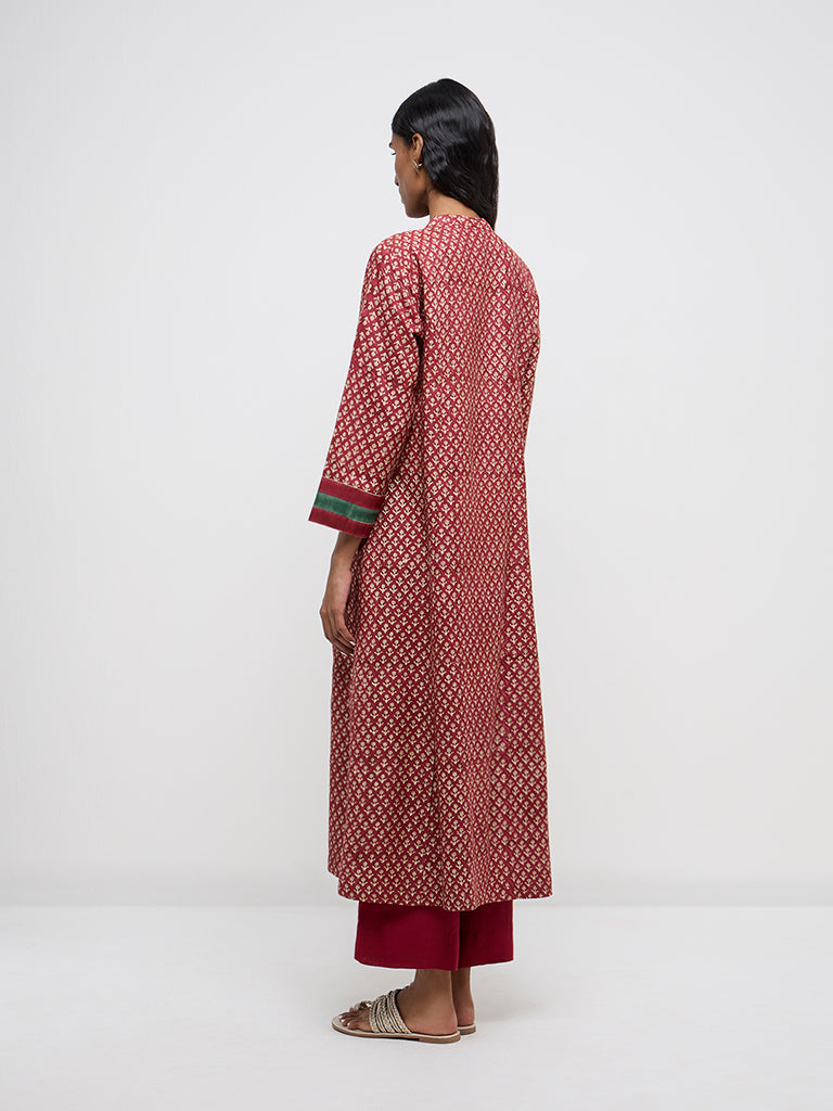 Zuba Red Floral Printed Cotton-Blend A-Line Kurta - Image 5