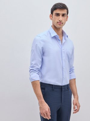 WES Formals Blue Solid Slim-Fit Cotton-Blend Shirt