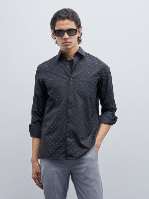 WES Formals Black Printed Slim-Fit Shirt