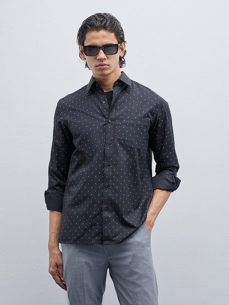 WES Formals Black Printed Slim-Fit Shirt