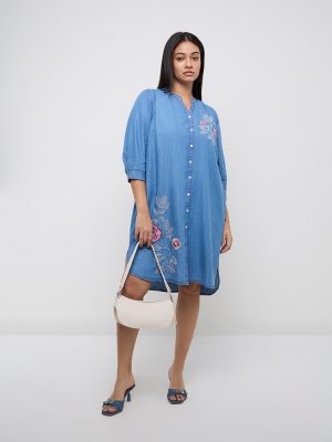 Diza Blue Floral Embellished Cotton-Blend A-Line Dress