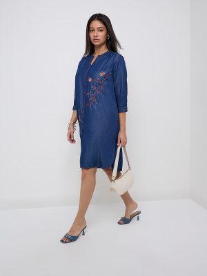 Diza Indigo Floral Embellished Cotton-Blend A-Line Dress