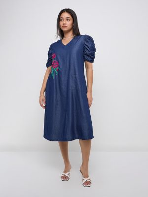 Diza Dark Blue Floral Embroidered Cotton-Blend A-Line Dress