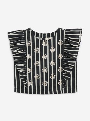 Utsa Kids Black Striped and Ruffled Cotton-Blend Top - (8-14yrs)
