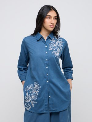 Utsa Blue Embroidered A-Line Cotton-Blend Tunic