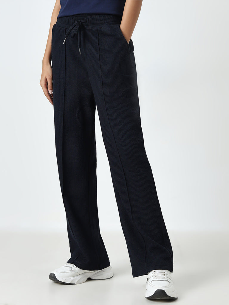 Studiofit Navy Textured High-Rise Track Pants - Image 3