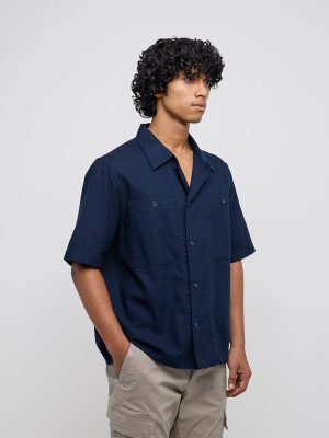 WES Casuals Navy Relaxed-Fit Cotton Shirt