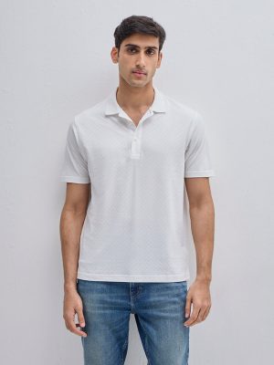 WES Casuals White Self Relaxed-Fit Cotton Polo T-Shirt