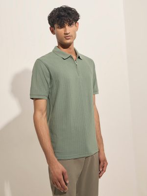 WES Casuals Dark Sage Quarter Zip Cotton-Blend Polo T-Shirt