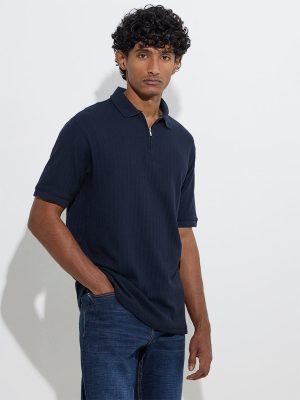 WES Casuals Navy Self Quarter Zip Cotton-Blend Polo T-Shirt